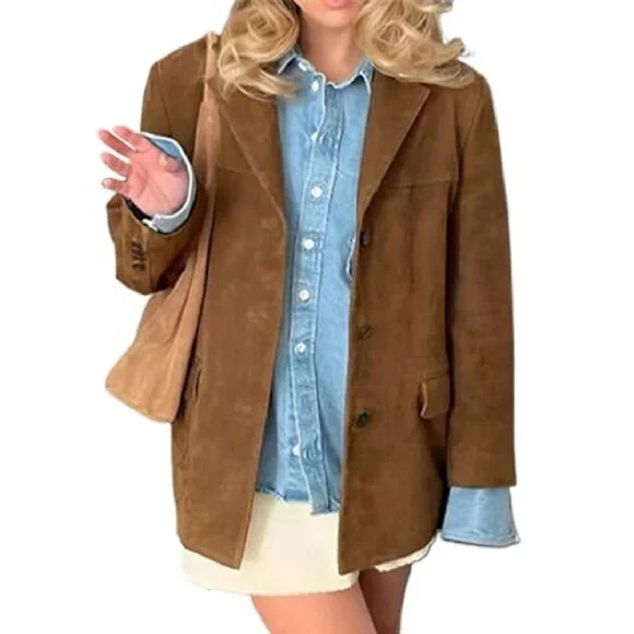 Oversized Faux Leather Blazer Jacket Mid-Thigh Length Long Sleeve - Picture 2 of 5